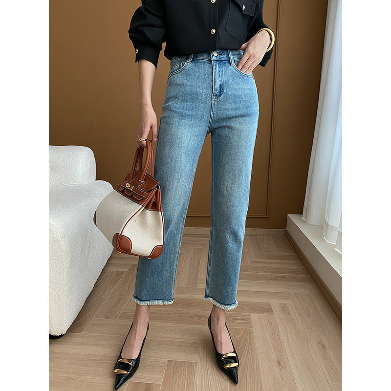 Damen High-Waist Jeans Fransige Säume Eveloria - Eveloria