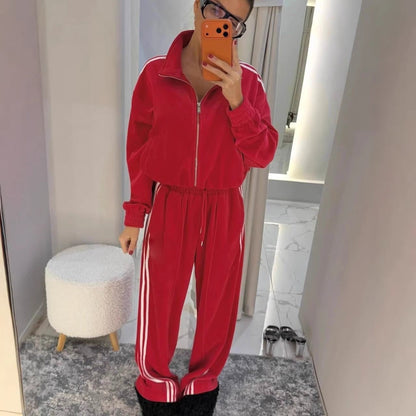 Damen Velours Jogginganzug Elastischer Bund Hochgeschlossener Kragen