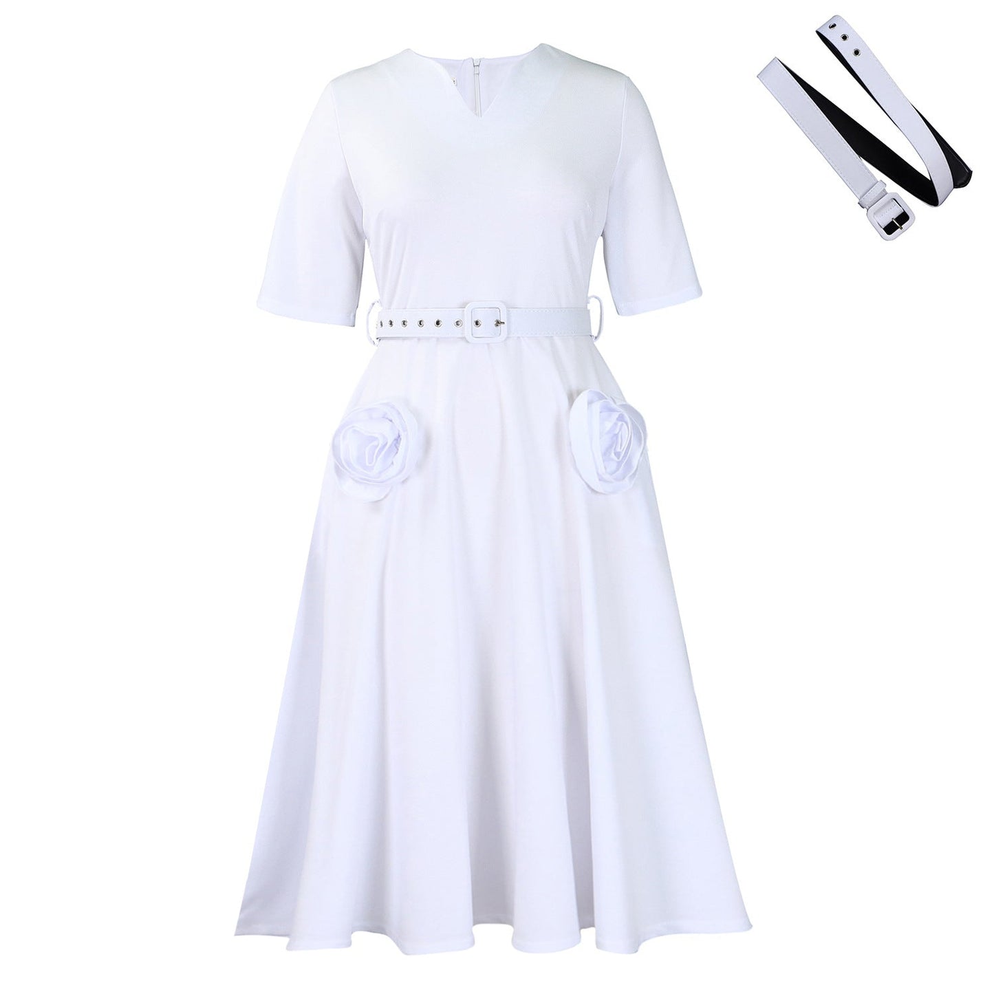 Damen Midi-Kleid Blumenapplikationen Taillengürtel Eveloria