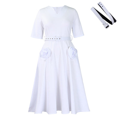 Damen Midi-Kleid Blumenapplikationen Taillengürtel Eveloria