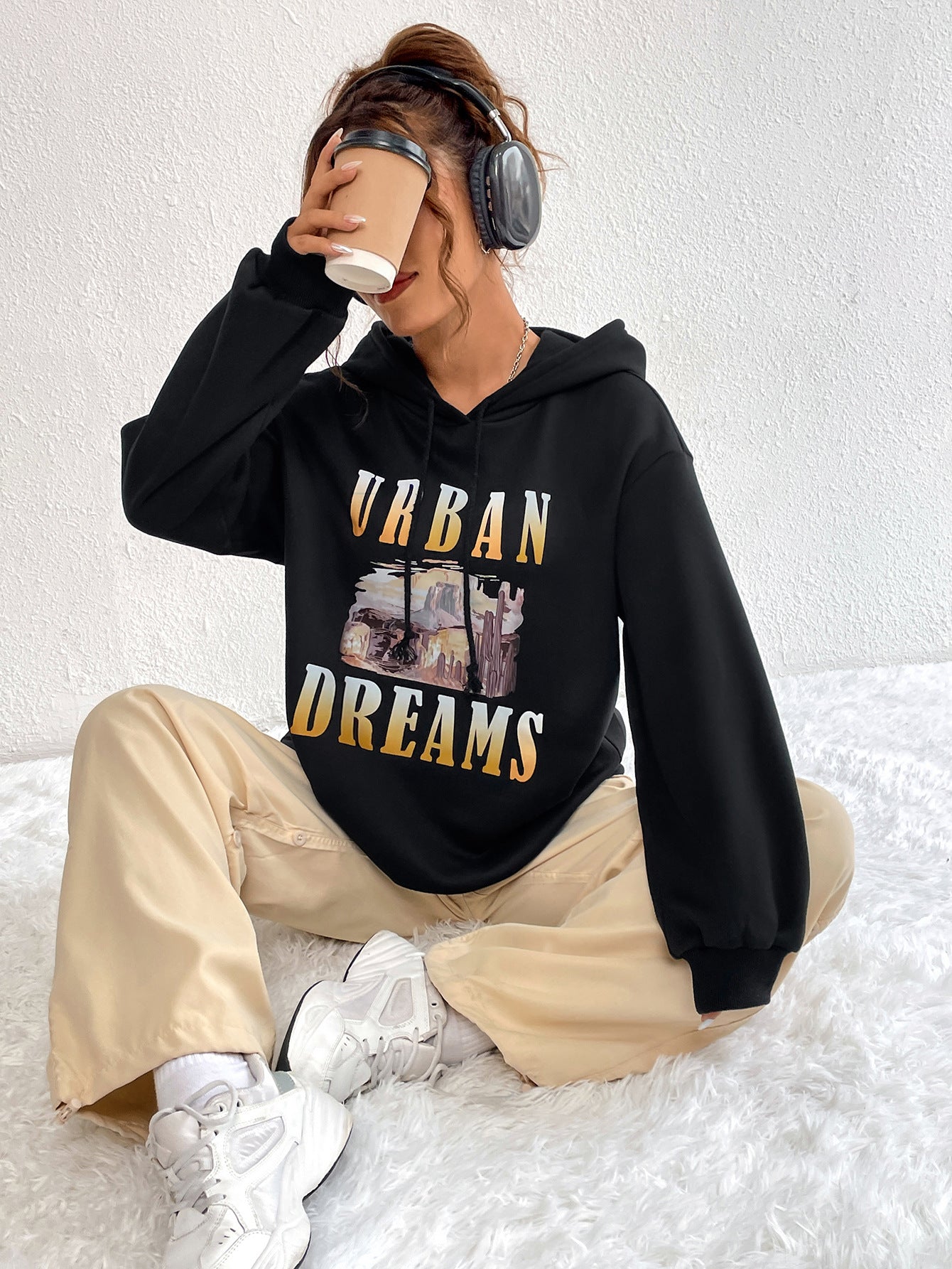 Damen Oversized Hoodie Urban Print Kapuze Eveloria