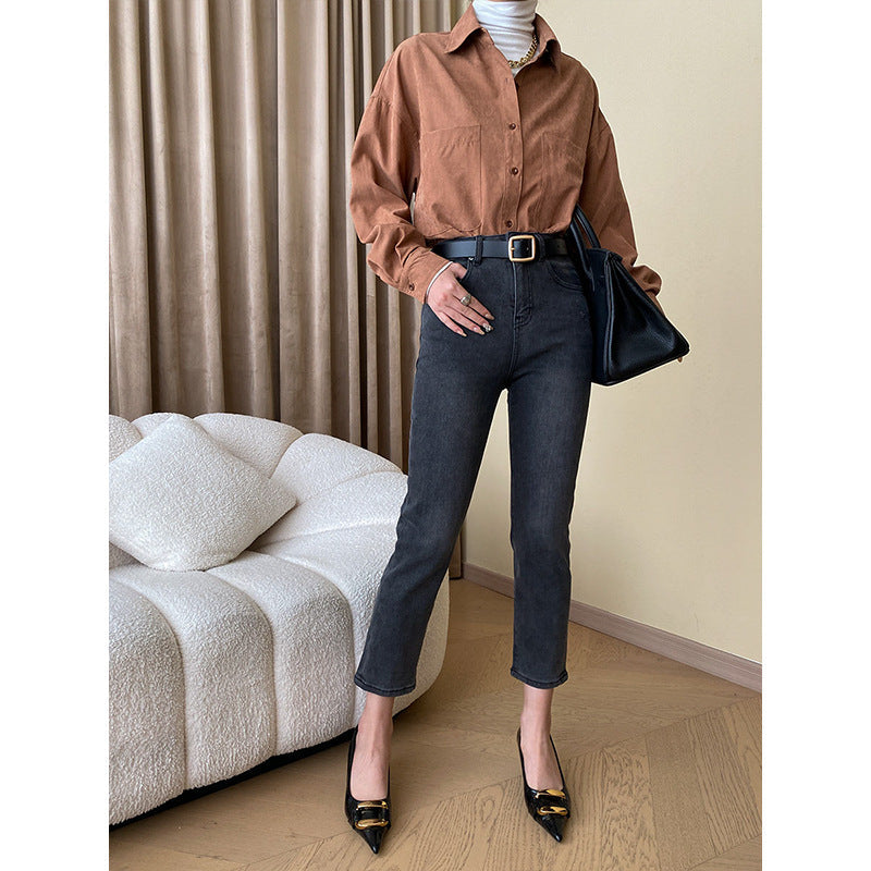 Damen Oversized Hemdbluse aus Baumwolle mit Taschen Beige