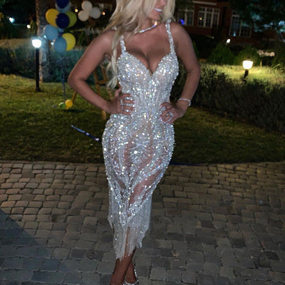 Damen Abendkleid mit Pailletten und Fransen Eveloria