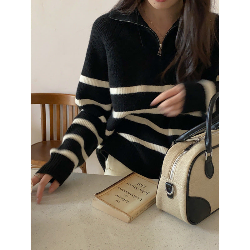 Damen Pullover Streifenmuster mit Reißverschluss Eveloria - Eveloria
