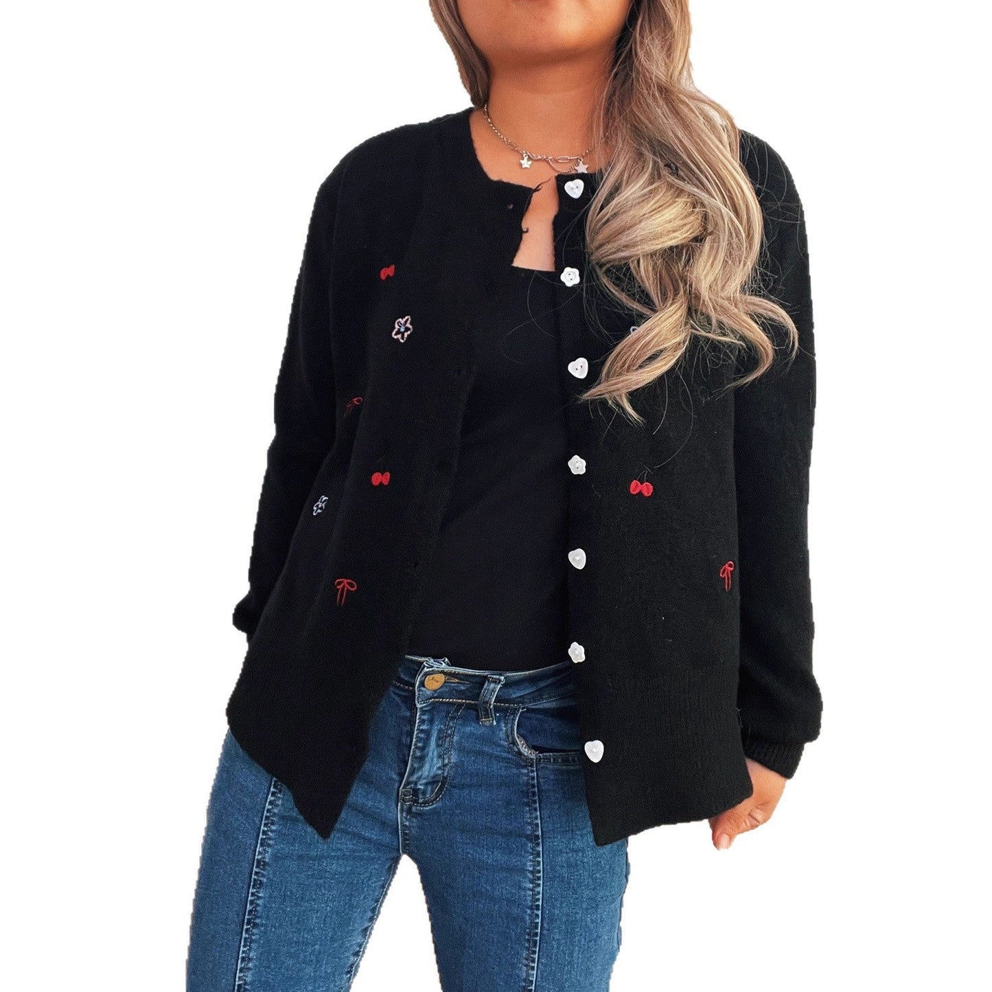 Damen Strickjacke Bunt Stickdesign Knopfverschluss