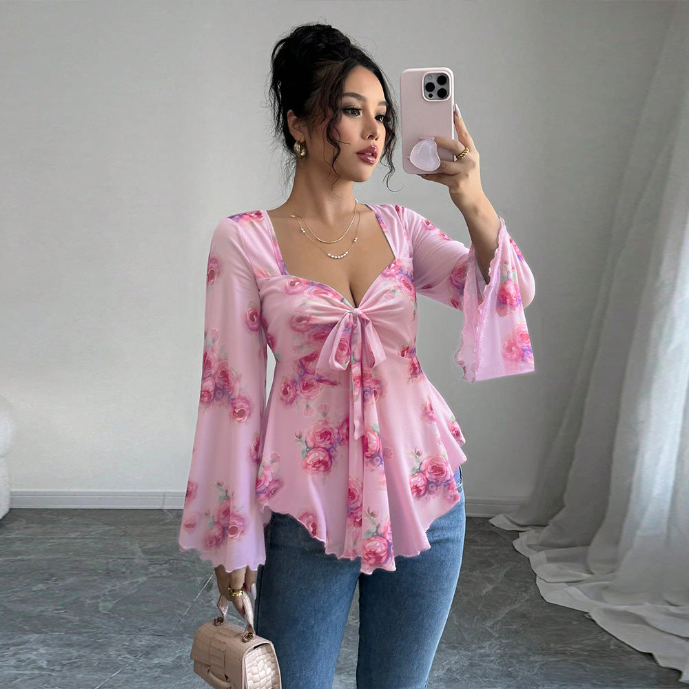 Damen Bluse Fließendes Blusenshirt Florales Design Verspielter Knoten