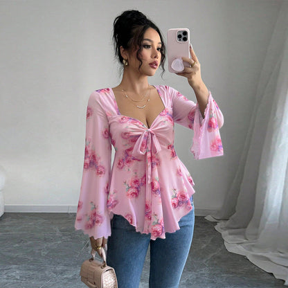 Damen Bluse Fließendes Blusenshirt Florales Design Verspielter Knoten