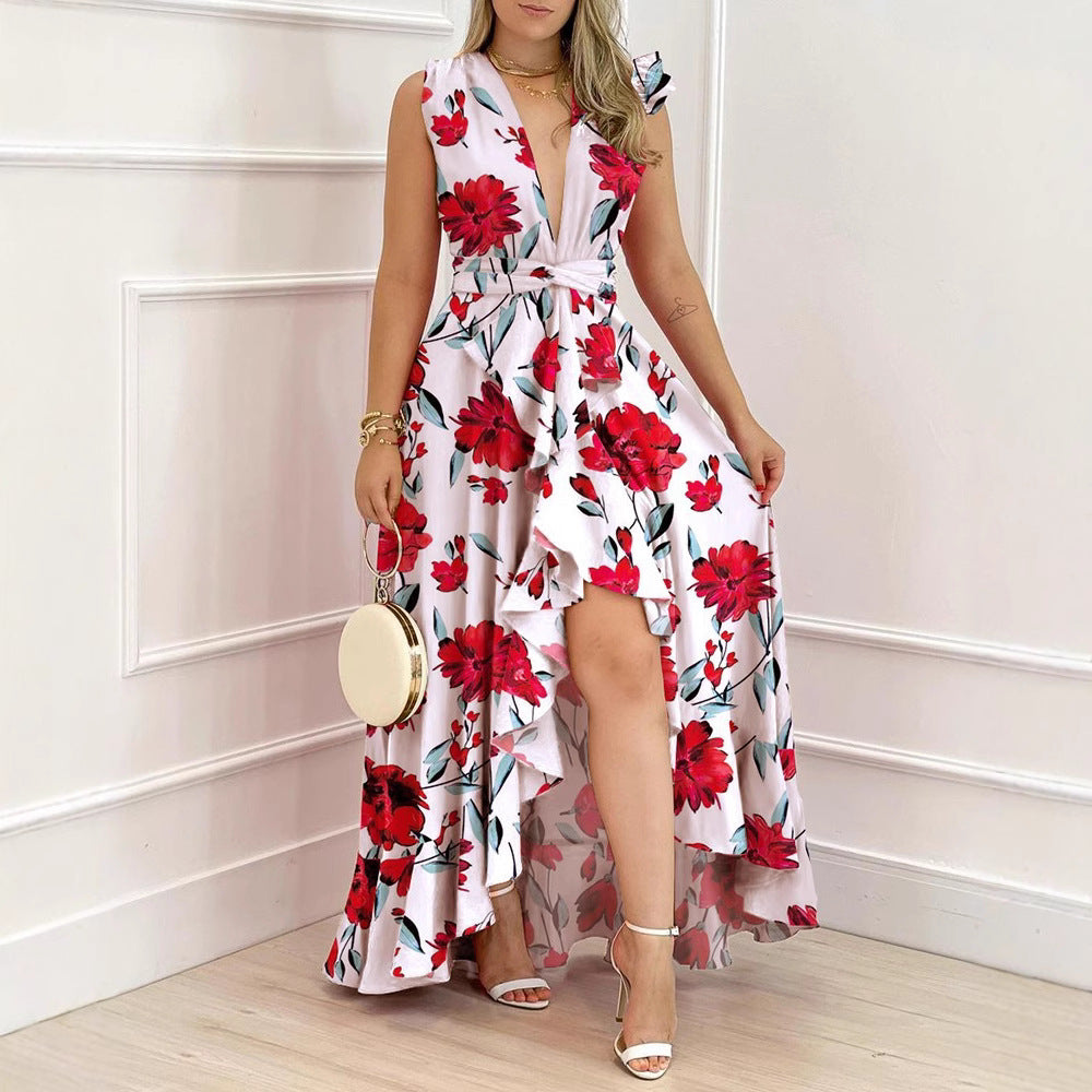 Damen Maxikleid Palmenmuster V-Ausschnitt Eveloria