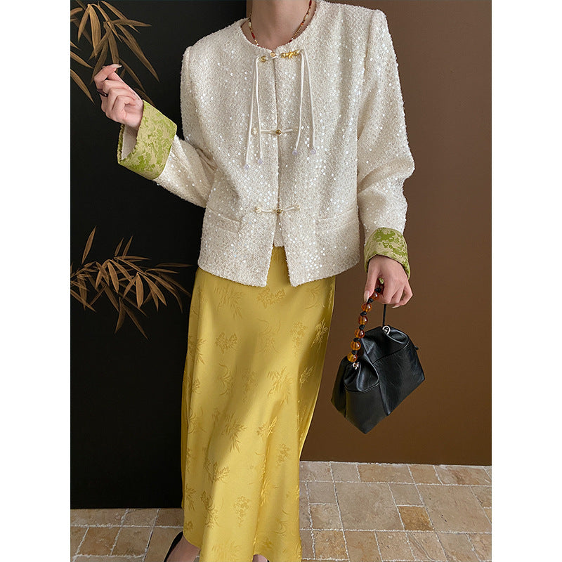 Damen Bouclé-Jacke mit Pailletten und Kontrastärmeln Eveloria