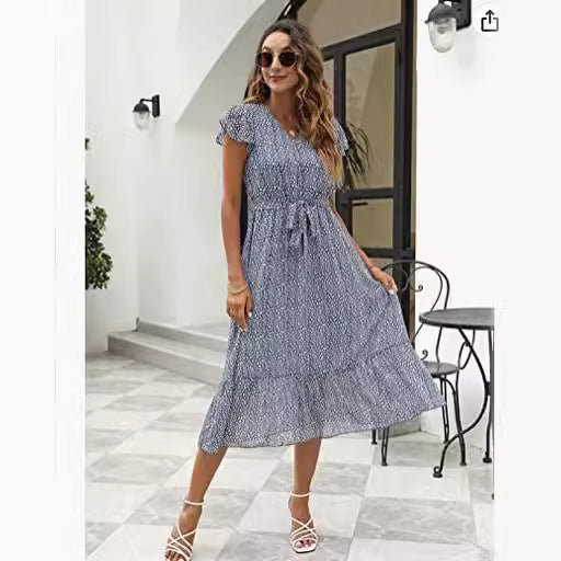 Damen Midi-Kleid Floralmuster Taillengürtel - Eveloria