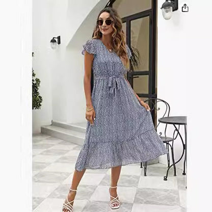 Damen Midi-Kleid Floralmuster Taillengürtel - Eveloria