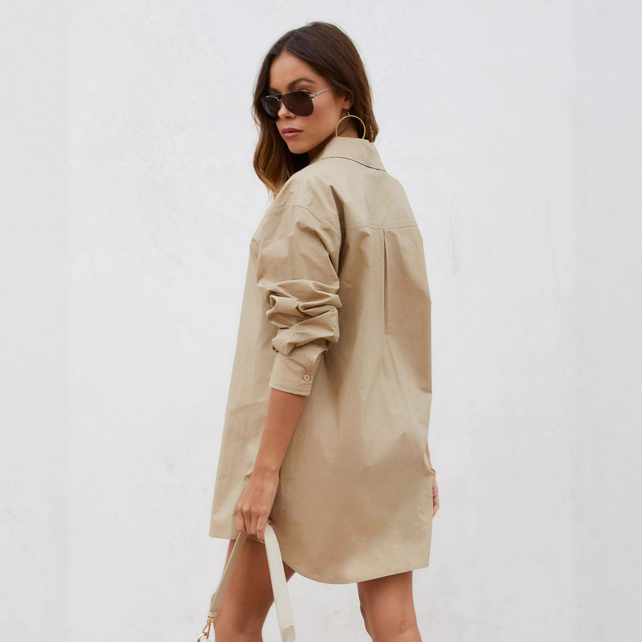 Damen Oversized Langarmbluse mit Brusttaschen Leicht Beige