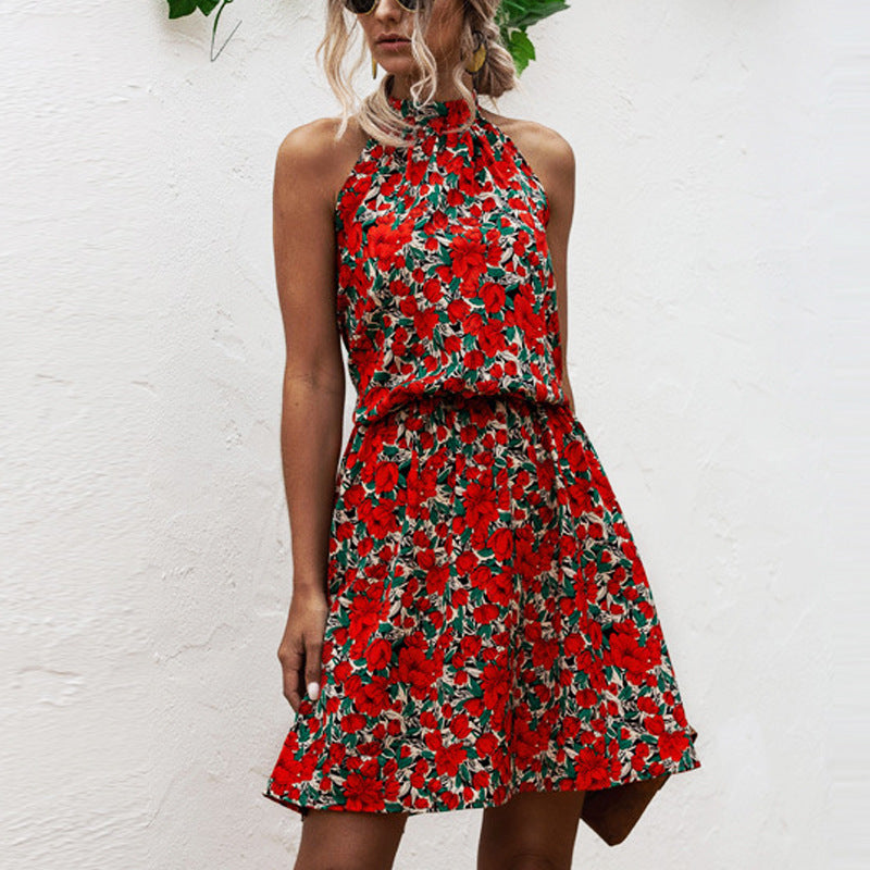 Damen Sommerkleid Blumenmuster Elastisch Hochkragen