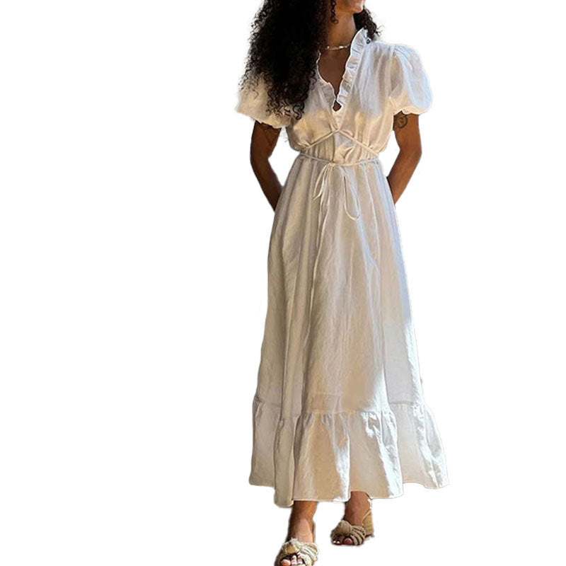 Damen Maxikleid Luftig Wickeloptik Rüschensaum Eveloria