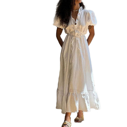 Damen Maxikleid Luftig Wickeloptik Rüschensaum Eveloria