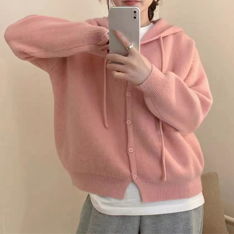 Damen Strickjacke mit Kapuze und Knopfverschluss