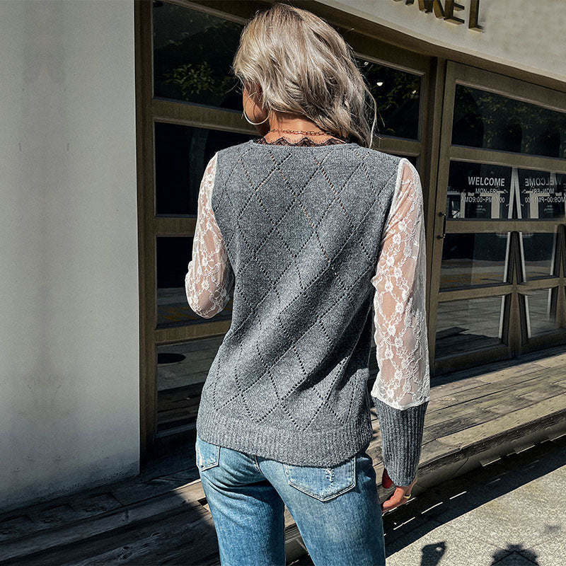Damen Strickpullover Spitzeneinsätze Rautenmuster Eveloria