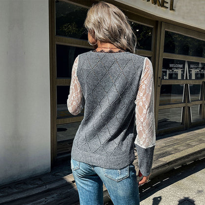 Damen Strickpullover Spitzeneinsätze Rautenmuster Eveloria