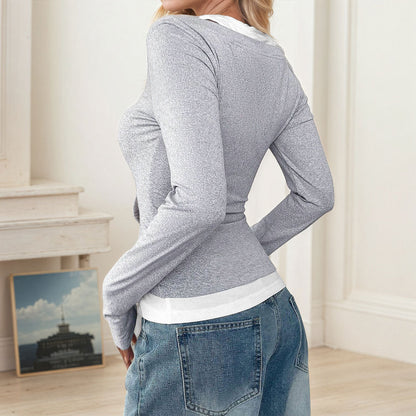 Damen Langarmshirt mit Ärmellosem Unterhemd Knopfdetails Weiss