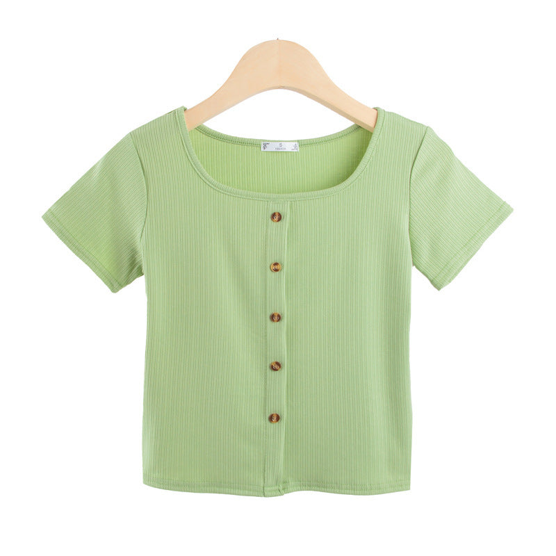 Damen Kurzarmshirt Rippenstrick Modern mit Knopfleiste Hellblau