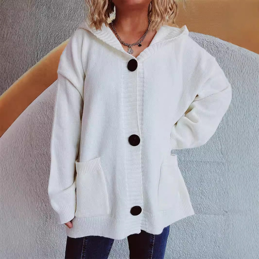 Damen Strickjacke Kapuze Aufgesetzte Taschen Kuschelig Grau Eveloria - Eveloria