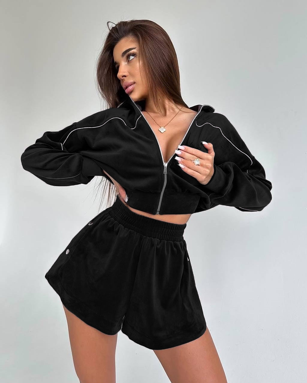 Damen Velours-Set Cropped mit Reißverschluss Elastisch