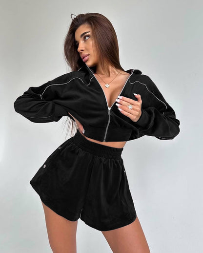 Damen Velours-Set Cropped mit Reißverschluss Elastisch