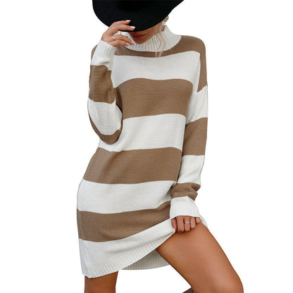 Damen Strickkleid Streifenmuster Hochkragen