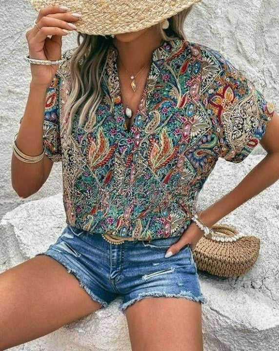 Eveloria Damen Bluse V-Ausschnitt Gedruckt