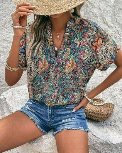 Eveloria Damen Bluse V-Ausschnitt Gedruckt