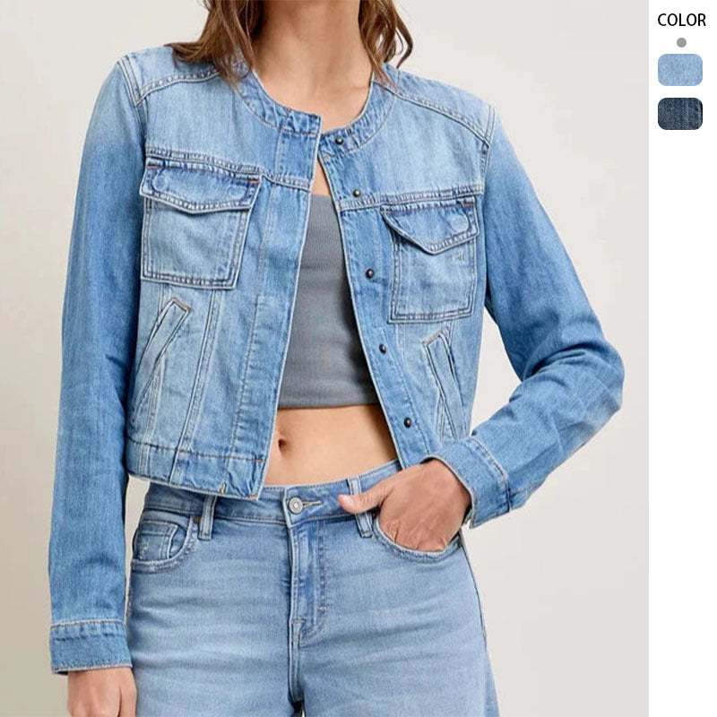 Damen Jeansjacke Cropped Schnitt Praktische Taschen Blau Eveloria - Eveloria