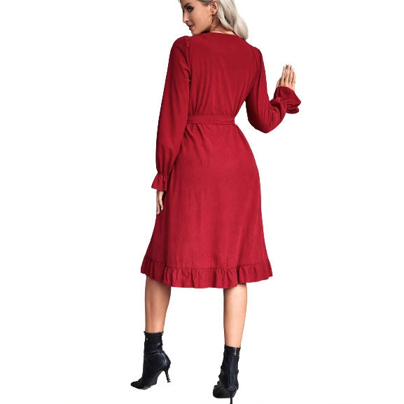 Damen Wickelkleid Langarm Knöpfe Tailliert Eveloria