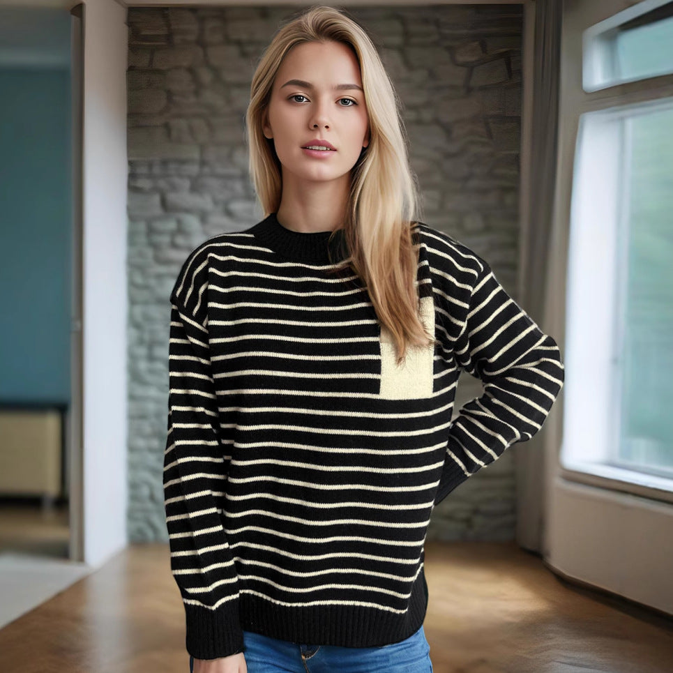 Damen Pullover Gestreift Lässig Breite Ärmel Grau Eveloria