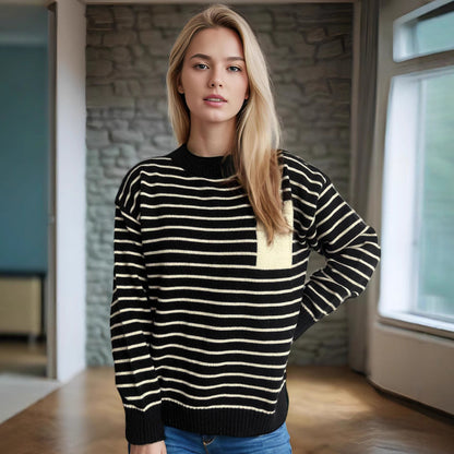 Damen Pullover Gestreift Lässig Breite Ärmel Grau Eveloria
