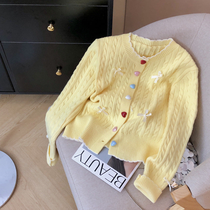 Damen Grobstrick Cardigan mit Knöpfen und Schleifen Beige