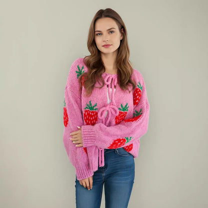 Damen Strickpullover Erdbeermotiv Rundhals Ballonärmel