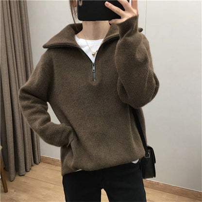 Damen Strickpullover Halb-Reißverschluss Hochkragen Eveloria