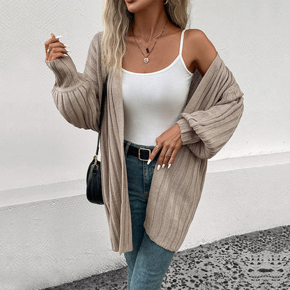 Damen Strickjacke Rippenmuster Locker Schnitt Beige - Eveloria