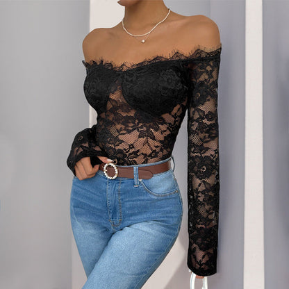 Damen Spitzenbody Off-Shoulder-Ausschnitt Langer Ärmel