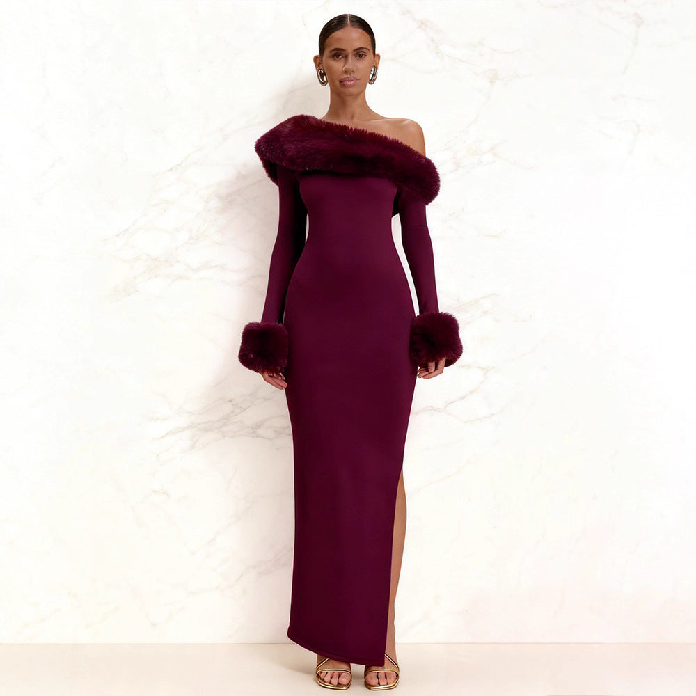 Damen Maxikleid Langarm Schulterfrei mit Fellakzenten