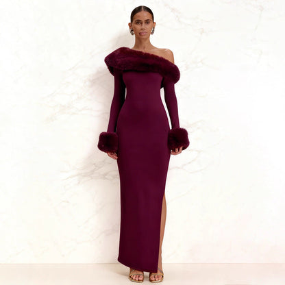 Damen Maxikleid Langarm Schulterfrei mit Fellakzenten