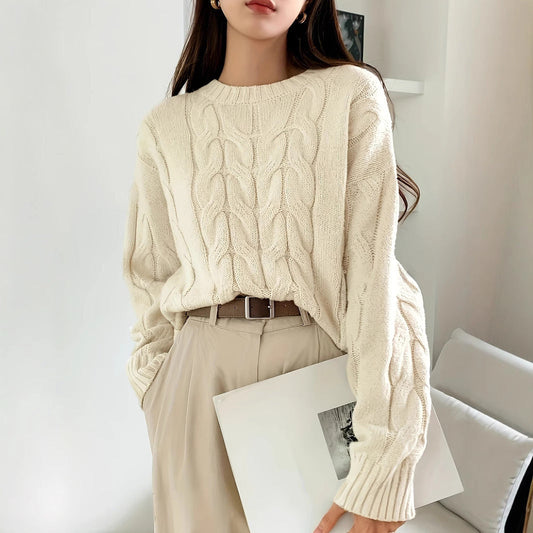 Damen Grobstrickpullover Zopfmuster Weitschnitt - Eveloria