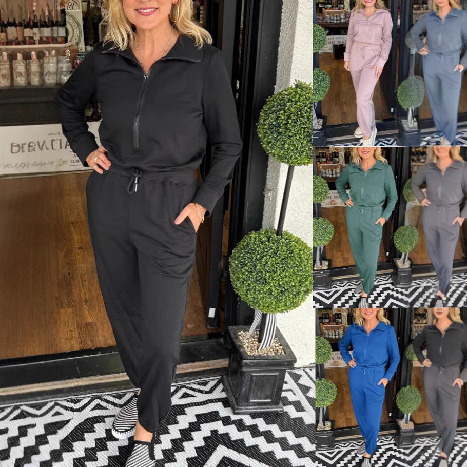 Damen Jumpsuit Stehkragen Taschen Schwarz Eveloria - Eveloria