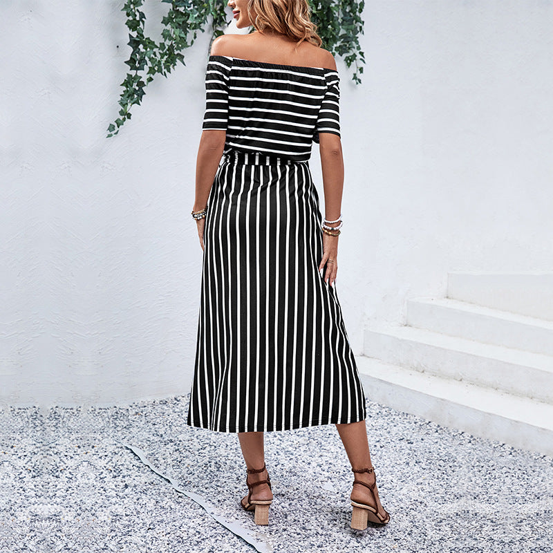 Damen Off-Shoulder Maxikleid Gestreift Eveloria
