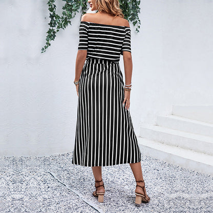 Damen Off-Shoulder Maxikleid Gestreift Eveloria