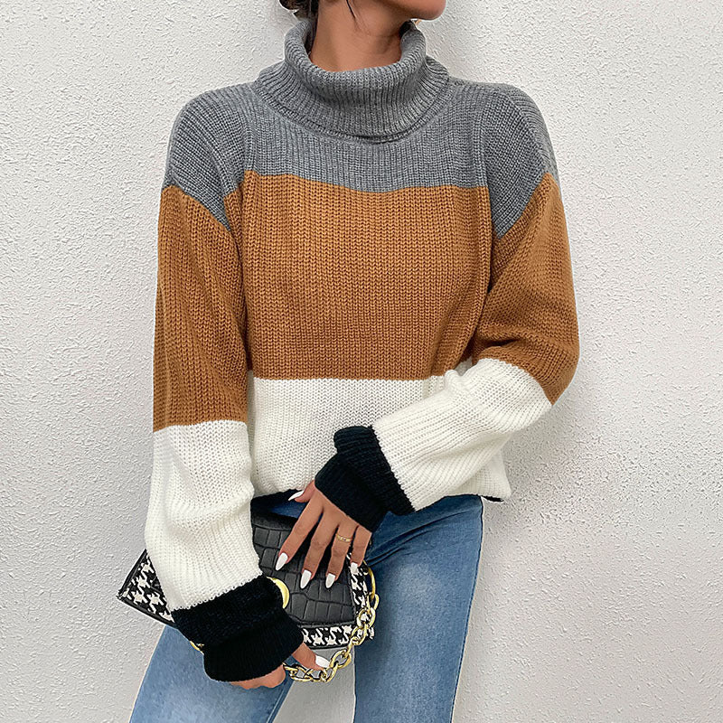 Damen Strickpullover Hochkragen Farbblockdesign Eveloria