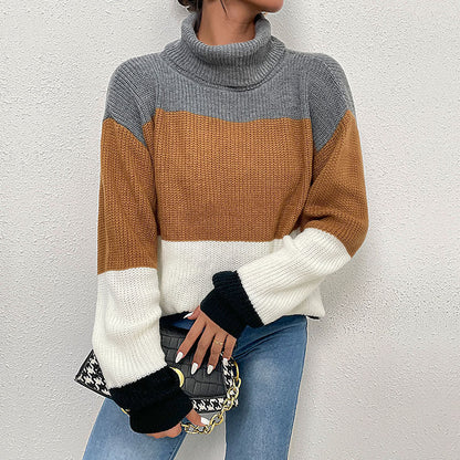 Damen Strickpullover Hochkragen Farbblockdesign Eveloria