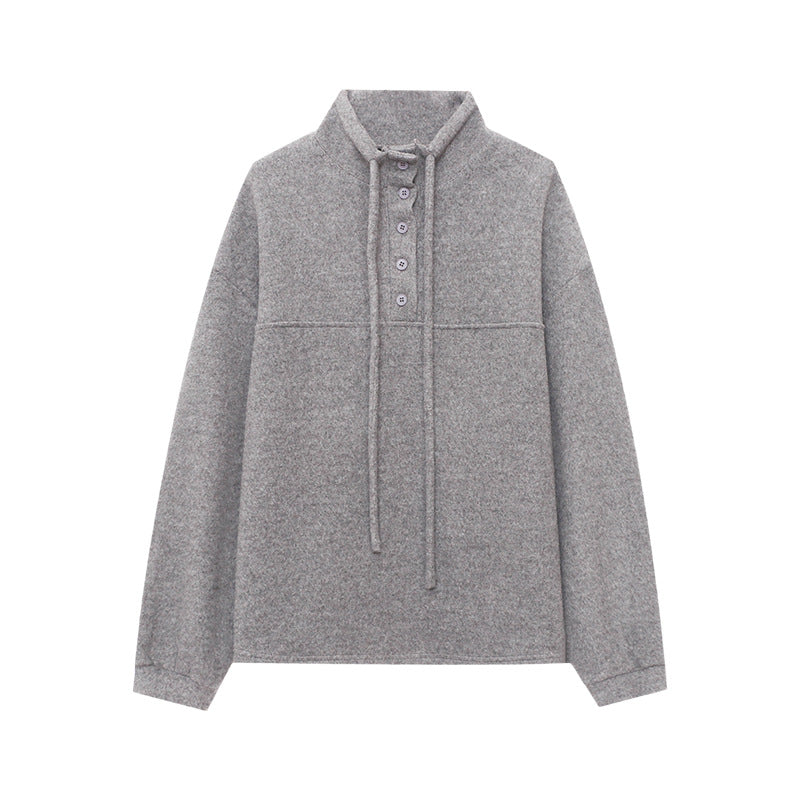 Damen Fleece-Pullover Lässig Knopfdetails Hocher Kragen Beige