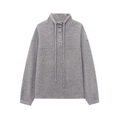 Damen Fleece-Pullover Lässig Knopfdetails Hocher Kragen Beige