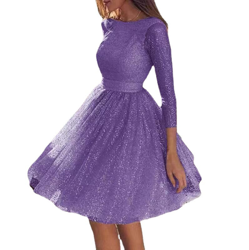 Damen Abendkleid A-Linie schimmernder Tüll lange Ärmel Eveloria